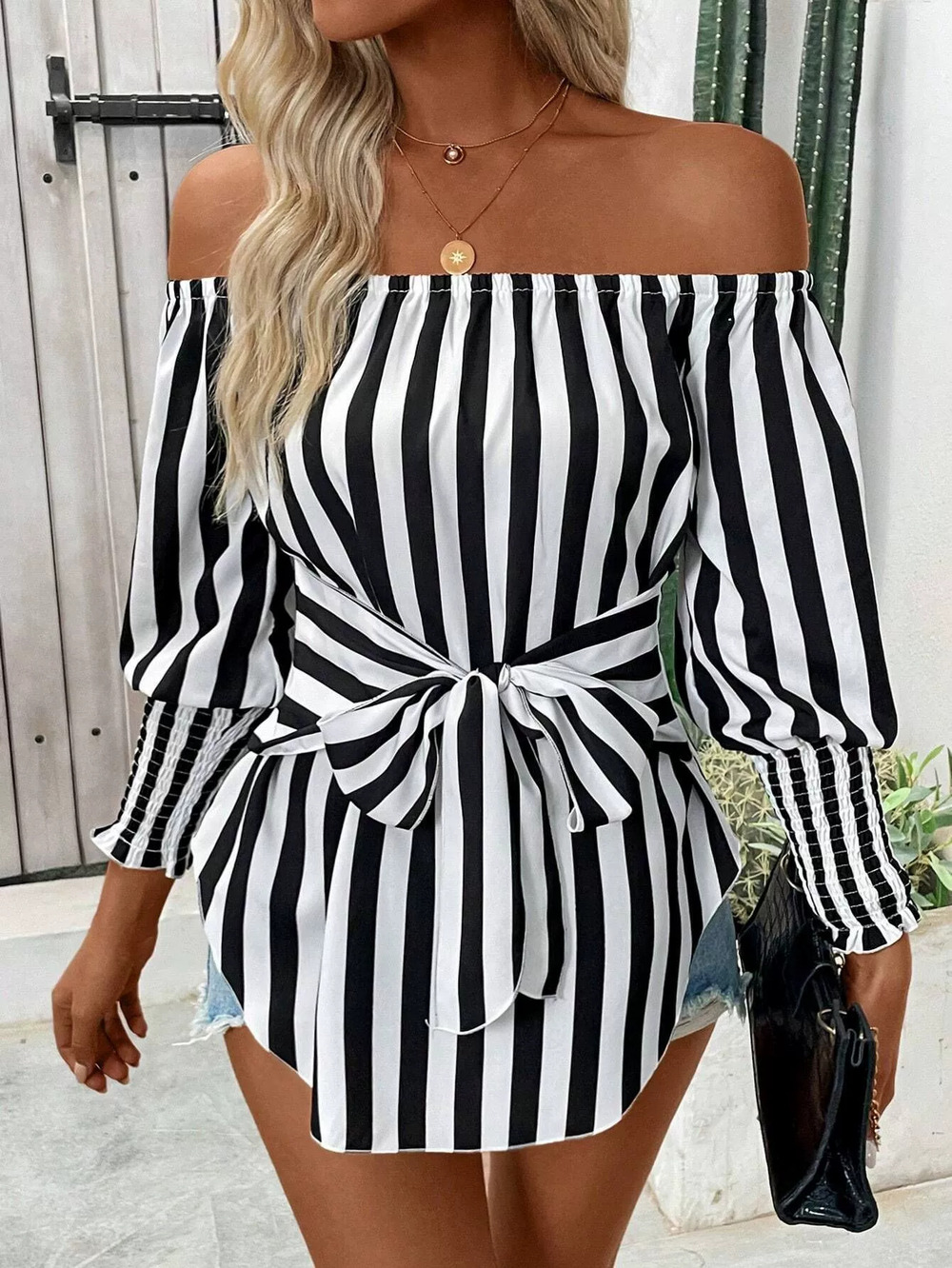 Zara Loose Off Shoulder Lantern Sleeve Asymmetric Hem Striped Blouse